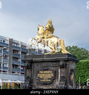 Goldene Reiterstatue August des Starken in Dresden mit der Inschrift: Friedrich August I., Herzog von Sachsen, Kurfürst und Erzmarschall des Heiligen Stockfoto