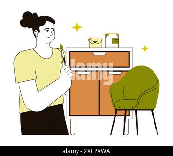 Nachrüstbewegung. Charakter, der eine Heimwerkereinrichtung restauriert. Frau restauriert, dekoriert und malt alte Kommode und Sessel. Illustration des flachen Vektors Stock Vektor