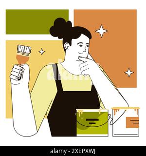 Nachrüstbewegung. Charakter, der eine Hausrenovierung macht. Althausmodernisierung und -Verbesserung für nachhaltiges Wohnen. Frau, die einen Pinsel hält und eine Farbe wählt. Illustration des flachen Vektors Stock Vektor