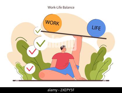 Work-Life-Balance. Männlicher Charcter in Yogaposition. Moderner Lebensstil, gesunde Grenzen zwischen Beruf und selbst für Harmonie von Körper und Geist. Illustration des flachen Vektors Stock Vektor