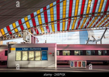 Bild eines Bahnsteigs des Bahnhofs Lüttich-Guillemins. Der Bahnhof Lüttich-Guillemins, offiziell Lüttich-Guillemins, ist der Hauptbahnhof in Lüttich, Stockfoto