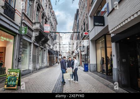 Drei Männer sind in einer Hauptstraße im Zentrum von Lüttich einkaufen gegangen. Die Straße ist gesäumt von verschiedenen Geschäften und Boutiquen, was ein geschäftiges Geschäft schafft Stockfoto