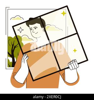 Nachrüstbewegung. Eine Figur, die ein Haus renoviert und ein altes Fenster ersetzt. Althausmodernisierung und -Verbesserung für nachhaltiges Wohnen. Bauarbeiten. Illustration des flachen Vektors Stock Vektor