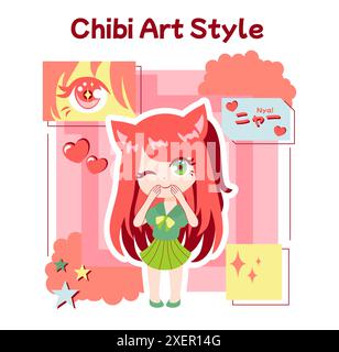 Anime-Kultur. Otaku- oder Geek-Lifestyle, beliebte japanische Cartoons oder Manga-Fans. Asiatischer Charakter im Chibi-Stil. Unterhaltsames und kreatives Hobby oder Subkultur. Illustration des flachen Vektors Stock Vektor