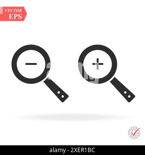 Symbole zum Vergrößern und Verkleinern. Einfaches Vergrößern, Verkleinern, Lupensymbole, Symbole. Vektorabbildung. Lupensymbol, Lupe, se Stock Vektor