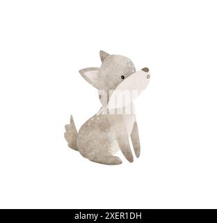 Zeichentricktier für Kinder Design. Handgezeichnete Illustration des grauen süßen Wolfes auf isoliertem Hintergrund. Minimalistischer skandinavischer Stil. Wilde Waldtiere. Stockfoto
