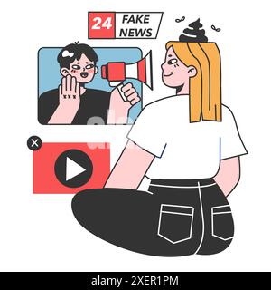Fake News. Manipulation und Kontrolle über den menschlichen Geist. Mediale Beeinflussung und Manipulation des Charakters. Propaganda, Hoaxes und Internet-Fälschungen. Illustration des flachen Vektors Stock Vektor