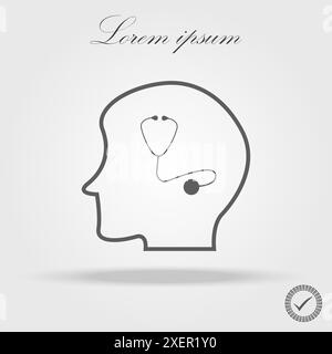 Menschlicher Kopf mit Vektor-medizinischem Werkzeug Stethoskop-Symbol. Stock Vektor