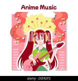 Anime-Kultur. Otaku- oder Geek-Lifestyle, beliebte japanische Cartoons oder Manga-Fans. Charakter, der Anime-Musik oder Soundtrack abspielt. Unterhaltsames und kreatives Hobby oder Subkultur. Illustration des flachen Vektors Stock Vektor