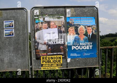 Corrèze, Frankreich. Juni 2024. Francois Hollande nannte einen „Verräter“. Der ehemalige Präsident der Französischen Republik ist Kandidat bei den Parlamentswahlen vom 30. Juni und 7. Juli 2024 in Corrèze. Hier wurde auf seinem Wahlplakat die Qualifikation „Verräter“ hinzugefügt. Francois Hollande ist Teil der Wahlkoalition „neue Volksfront“. Corrèze, Limousin, Frankreich, Europa. Foto: HM Images/Alamy Live News. Stockfoto