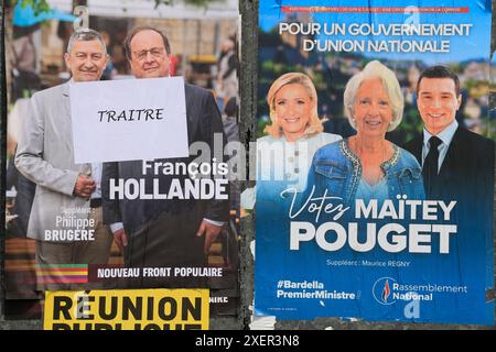 Corrèze, Frankreich. Juni 2024. Francois Hollande nannte einen „Verräter“. Der ehemalige Präsident der Französischen Republik ist Kandidat bei den Parlamentswahlen vom 30. Juni und 7. Juli 2024 in Corrèze. Hier wurde auf seinem Wahlplakat die Qualifikation „Verräter“ hinzugefügt. Francois Hollande ist Teil der Wahlkoalition „neue Volksfront“. Corrèze, Limousin, Frankreich, Europa. Foto: HM Images/Alamy Live News. Stockfoto