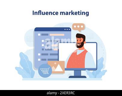 Influencer Marketing. Digitale Werbung in sozialen Netzwerken. Website- oder Markenwerbung und Öffentlichkeitsarbeit. Social-Media-Influencer, beliebte Berühmtheiten locken Kunden an. Illustration des flachen Vektors Stock Vektor