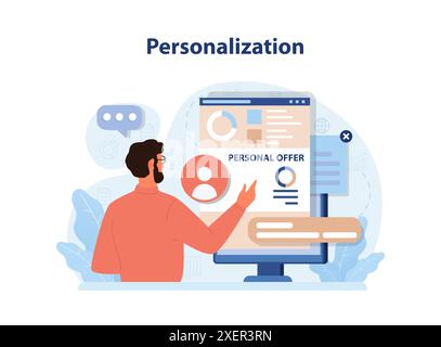 Personalisierung. Anpassung der Client-Experience-Software. Social-Media-Interaktionen, -Inhalte und -Angebote. Entwicklung von digitalem Marketing, Strategieentwicklung. Illustration des flachen Vektors Stock Vektor