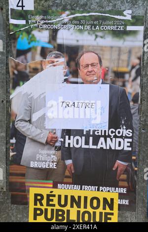 Corrèze, Frankreich. Juni 2024. Francois Hollande nannte einen „Verräter“. Der ehemalige Präsident der Französischen Republik ist Kandidat bei den Parlamentswahlen vom 30. Juni und 7. Juli 2024 in Corrèze. Hier wurde auf seinem Wahlplakat die Qualifikation „Verräter“ hinzugefügt. Francois Hollande ist Teil der Wahlkoalition „neue Volksfront“. Corrèze, Limousin, Frankreich, Europa. Foto: HM Images/Alamy Live News. Stockfoto