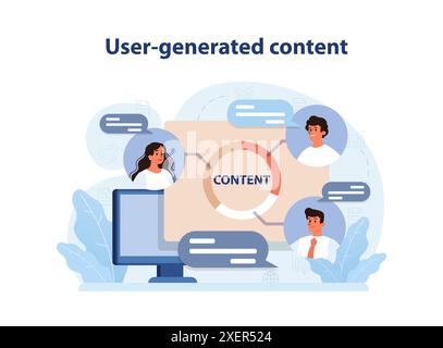 UGC oder vom Benutzer generierte Inhalte. Content-Marketing. Kommunikation und Werbung in sozialen Medien. Charaktere, die Inhalte in sozialen Medien oder auf Websites erstellen. Illustration des flachen Vektors Stock Vektor