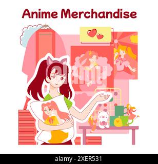 Anime-Kultur. Otaku- oder Geek-Lifestyle, beliebte japanische Cartoons oder Manga-Fans. Asiatischer Charakter . Unterhaltsames und kreatives Hobby oder Subkultur. Illustration des flachen Vektors Stock Vektor