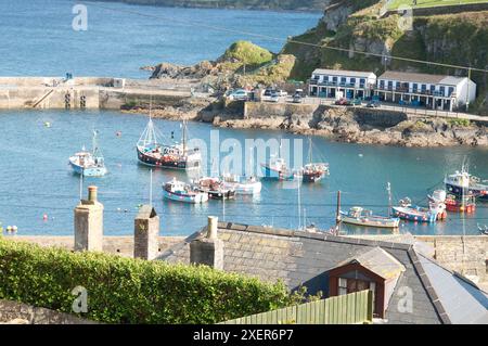 Mevagissey Harbour, Cornwall, Großbritannien - geschützter Hafen mit Angel- und Freizeitbooten; das Dorf liegt in einem kleinen Tal und liegt östlich nach Mevagiss Stockfoto