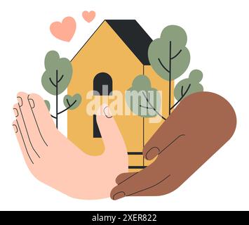 Startseite. Familienbeziehung, Liebe und Fürsorge. Zwei Menschenhände halten ein winziges Haus. Gemeinsam eine Familie aufbauen. Illustration des flachen Vektors Stock Vektor