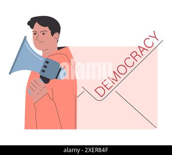 Demokratie. Politisches System, Freiheit und Abstimmungsprinzip. Rechtsstaatlichkeit, Menschen, Institutionen und Organisationen sind gleichermaßen den Gesetzen des jeweiligen Landes verpflichtet. Illustration des flachen Vektors Stock Vektor