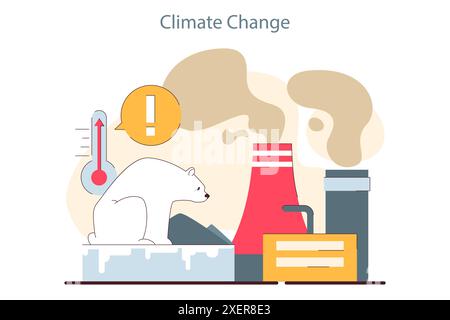 Klimawandel. Anstieg der Planetentemperatur aufgrund von CO2-Emissionen. Naturschutzproblem. Eisbär sitzt auf einem schmelzenden Eisberg. Gletscher schmelzen. Illustration des flachen Vektors Stock Vektor