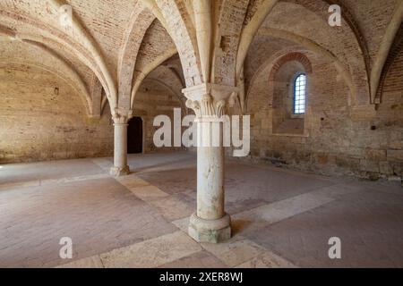 Tageslicht beleuchtet das Innere des Kapitelhauses in der Abtei San Galgano. Stockfoto