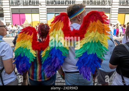 London, Großbritannien. 29. Juni 2024. Kostümierte Mitglieder des Publikums beobachten die Parade in Piccadilly während Pride in London, wo Tausende von Besuchern erwartet werden. Die Veranstaltung begann 1972 als Protest, um die Aufmerksamkeit der LGBT-Community zu lenken. Die ursprünglichen Organisatoren, die Gay Liberation Front (GLF), haben erklärt, dass Pride in London übermäßig kommerzialisiert und von Konzernen dominiert wurde. Quelle: Stephen Chung / Alamy Live News Stockfoto