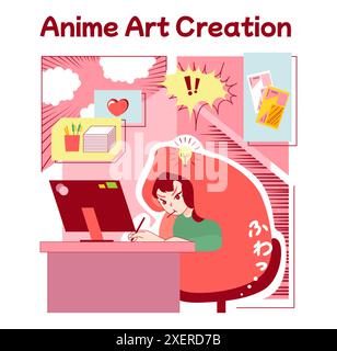 Anime-Kultur. Otaku- oder Geek-Lifestyle, beliebte japanische Cartoons oder Manga-Fan-Schöpfer. Junge weibliche Charaktere, die Fanart zeichnen. Unterhaltsames und kreatives Hobby oder Subkultur. Illustration des flachen Vektors Stock Vektor