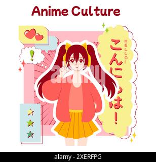 Anime-Kultur. Otaku- oder Geek-Lifestyle, beliebte japanische Cartoons oder Manga-Fans. Süßer asiatischer Charakter. Unterhaltsames und kreatives Hobby oder Subkultur. Illustration des flachen Vektors Stock Vektor