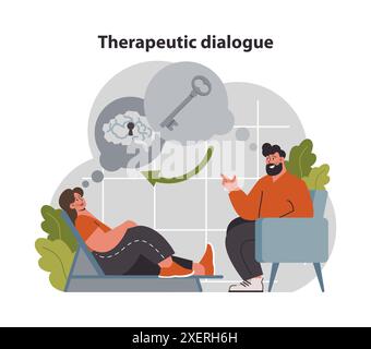 Psychotherapie. Psychiaterberatung und Prüfung eines Patienten. Gedanken- und Gefühlsanalyse, innere Konflikte und Problemmanagement. Illustration des flachen Vektors Stock Vektor