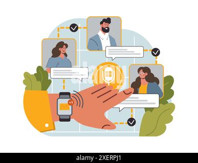 Online-Kommunikation. Gruppenfreunde, die miteinander sprechen und einen Dialog führen. Charakter mit digitalen Geräte-Apps für Chats und Videoanrufe. Soziale Netzwerke. Illustration des flachen Vektors Stock Vektor