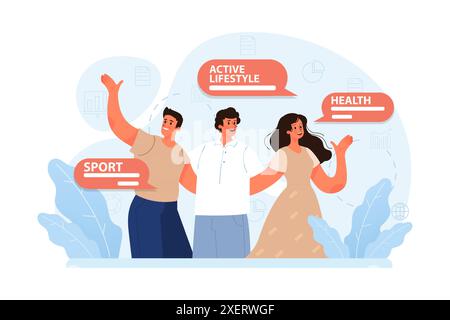 Aktiver und gesunder Lebensstil. Richtige Ernährung, Wasserhaushalt, körperliche Aktivität, Erholung. Moderne Lebensgewohnheiten für Langlebigkeit und körperliches Wohlbefinden. Illustration des flachen Vektors Stock Vektor