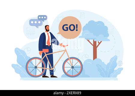 Gesunder und aktiver Lebensstil. Männlicher Charakter im Anzug, der mit dem Fahrrad ins Büro fährt. Moderner urbaner Fahrradtransport. Illustration des flachen Vektors Stock Vektor