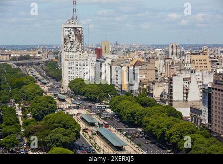 Evita Peron an der Fassade des ministeriums für öffentliche Arbeiten. Avenida 9 de Julio. Buenos Aires. Argentinien. Stockfoto