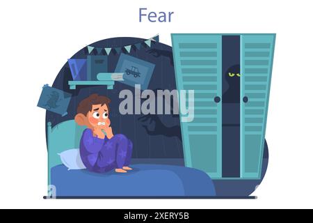 Der Junge hat Angst vor Dunkelheit und Monstern in seinem Schrank. Ein verängstigtes Kind sitzt auf dem Bett, versteckt sich in einer Decke und zittert. Verängstigter und verängstigter Junge in seinem Zimmer. Illustration des flachen Vektors Stock Vektor