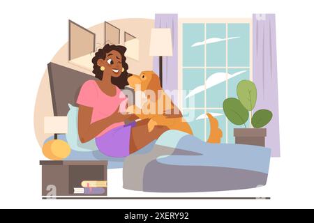 Schwarze weibliche Figur mit Hund liegen zusammen im Bett. Glückliche Frau und Hündchen am Morgen. Freundschaft zwischen Tier und Tierbesitzer. Illustration des flachen Vektors Stock Vektor