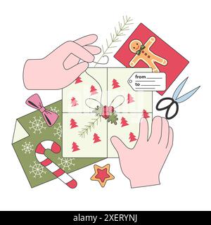 Festliche Tradition, Geschenke mit farbenfrohem Papier und Karten. Niedliche Dekoration. Der Charakter feiert weihnachten und Neujahr. Illustration des flachen Vektors Stock Vektor