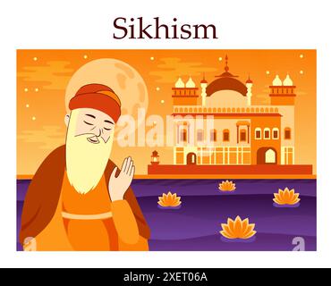 Sikhismus. Indische Dharmische Religion. Östliche religiöse Bewegung. Guru Nanak Jayanti vor dem Tempel. Illustration des flachen Vektors Stock Vektor