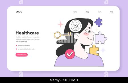 Web-Banner oder Landing-Page für geistiges Wohlbefinden oder Gesundheit. Ruhige und optimistische Einstellung, Selbstakzeptanz und psychologisches Wohlbefinden. Die Frau hat ihren Verstand geklärt. Illustration des flachen Vektors Stock Vektor