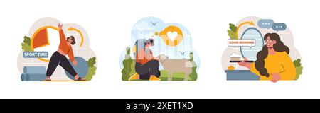 Aktives und gesundes Lifestyle Set. Richtige Ernährung, Wasserhaushalt, körperliche Aktivität, Erholung. Moderne Lebensgewohnheiten für Langlebigkeit und körperliches Wohlbefinden. Illustration des flachen Vektors Stock Vektor