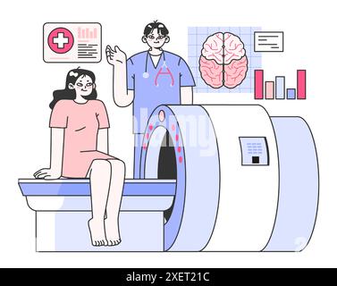 Medizinische MRT-Diagnostik und -Beratung. Arzt untersucht menschliches Gehirn und Nervensystem mit Magnetresonanztomographie. Therapie von Erkrankungen des Nervensystems. Illustration des flachen Vektors Stock Vektor