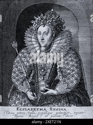 Ein Schwarzweiß-Gravur von Königin Elisabeth I. mit Zepter und Kugel. Sie trägt das Kleid, das sie gewöhnlich bei der Eröffnung des Parlaments trug. Der Stich stammt von Isaac Oliver aus dem Jahr 1620. Stockfoto