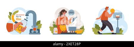Aktives und gesundes Lifestyle Set. Richtige Ernährung, Wasserhaushalt, körperliche Aktivität, Erholung. Moderne Lebensgewohnheiten für Langlebigkeit und körperliches Wohlbefinden. Illustration des flachen Vektors Stock Vektor