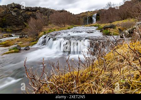 Gjain Canyon Landschaft mit kleinen Wasserfällen und üppiger Vegetation, Thjorsardalur Tal, Island, lange Exposition. Stockfoto