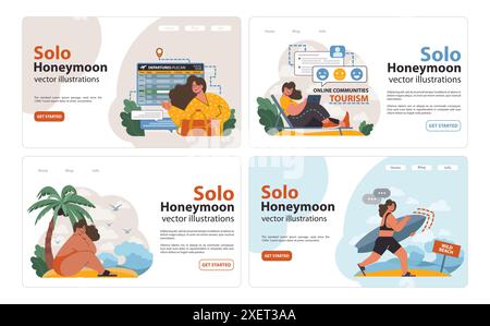 Einzelreisen, Flitterwochen-Webbanner oder Landing-Page-Set. Weibliche Figur, die allein unterwegs ist. Frau im Freien Entspannung, Urlaubsaktivität. Abenteuerlicher Lebensstil. Illustration des flachen Vektors Stock Vektor