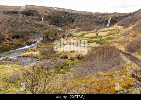 Gjain Canyon Landschaft mit kleinen Wasserfällen und üppiger Vegetation, Thjorsardalur Tal, Island, Frühling. Stockfoto