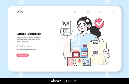 Online-Banner oder Landing-Page für Apotheken. Online-Kauf von Medikamenten, Medikamenten und Medikamenten. Drogerieservice. Gesundheitsfürsorge und medizinisches Behandlungskonzept. Illustration des flachen Vektors Stock Vektor