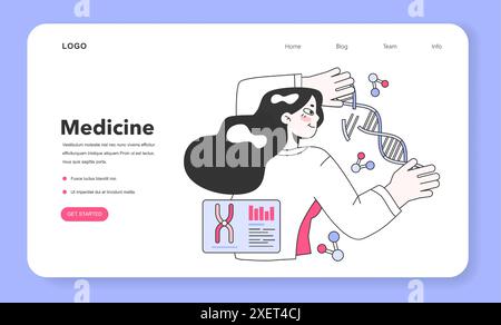 Webbanner oder Landing-Page für Gentechnik. Innovative Medizin- und Wissenschaftstechnologie. Wissenschaftler arbeiten mit DNA-Molekül-Struktur. Genetische Testanalyse. Illustration des flachen Vektors Stock Vektor