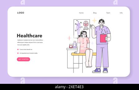 Modernes Webbanner oder Landing-Page für die Praxis des Wohlbefindens. Jährliche medizinische Untersuchung, regelmäßige Gesundheitsprüfung. Moderne medizinische Forschung zur besseren Krankheitsdiagnostik. Illustration des flachen Vektors Stock Vektor