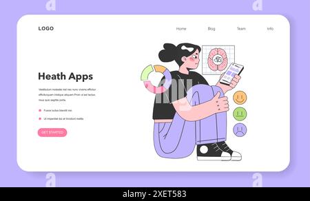 Web-Banner oder Landing-Page des Trackers für psychische Gesundheit. Charakter mit elektronischen Geräten zur Überwachung und Steuerung von Stresslevel und Stimmung. Angst- oder Depressionsbehandlung. Illustration des flachen Vektors Stock Vektor