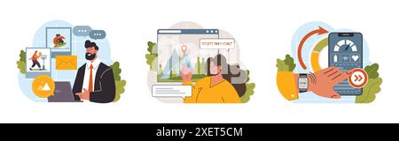 Aktives und gesundes Lifestyle Set. Richtige Ernährung, Wasserhaushalt, körperliche Aktivität, Erholung. Moderne Lebensgewohnheiten für Langlebigkeit und körperliches Wohlbefinden. Illustration des flachen Vektors Stock Vektor